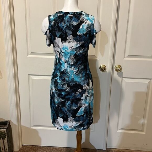 Michael Kors Cold Shoulder Blue and Black and White Mini Dress - Picture 6 of 11